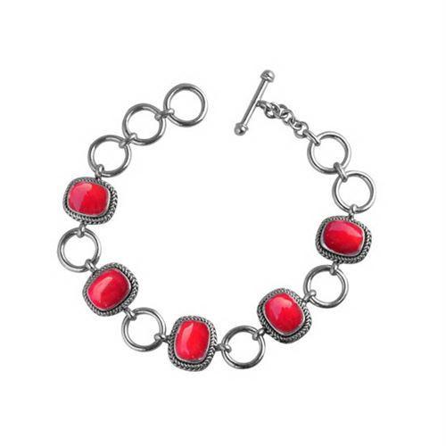Sterling Silver Bracelet With Cushion Red Coral Stones In Rope Bezels And Large Silver Rings