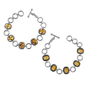 Sterling Silver Bracelet With Cushion-Cut Citrine Quartz Stones In Rope And Smooth Bezels Linked With Silver Rings