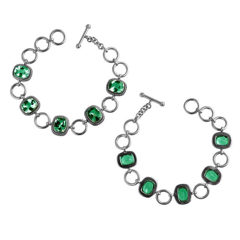 Sterling Silver Bracelet With Cushion Green Quartz Stones In Rope Bezels And Large Silver Rings