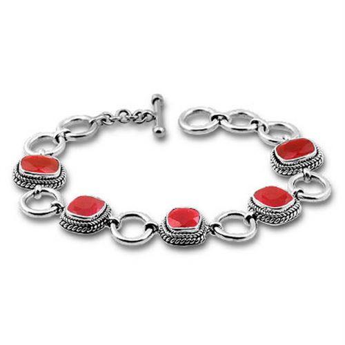 Sterling Silver Bracelet With Cushion-Cut Ruby Quartz Stones And Rope Bezels Linked With Silver Rings