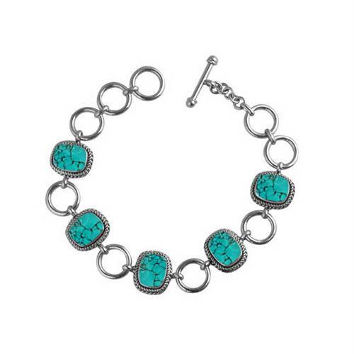 Sterling Silver Bracelet With Cushion Turquoise Shell Accents In Rope Bezels And Large Silver Rings