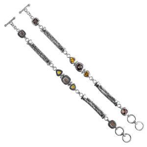 Sterling Silver Bracelet With Smokey Quartz And Citrine Quartz Stones And Cylindrical Bali Bars