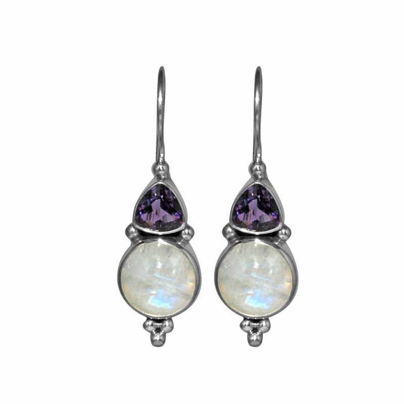 Sterling silver Amethyst Quartz and Rainbow Moonstone dual drop earrings, handcrafted wholesale jewelry from Bali