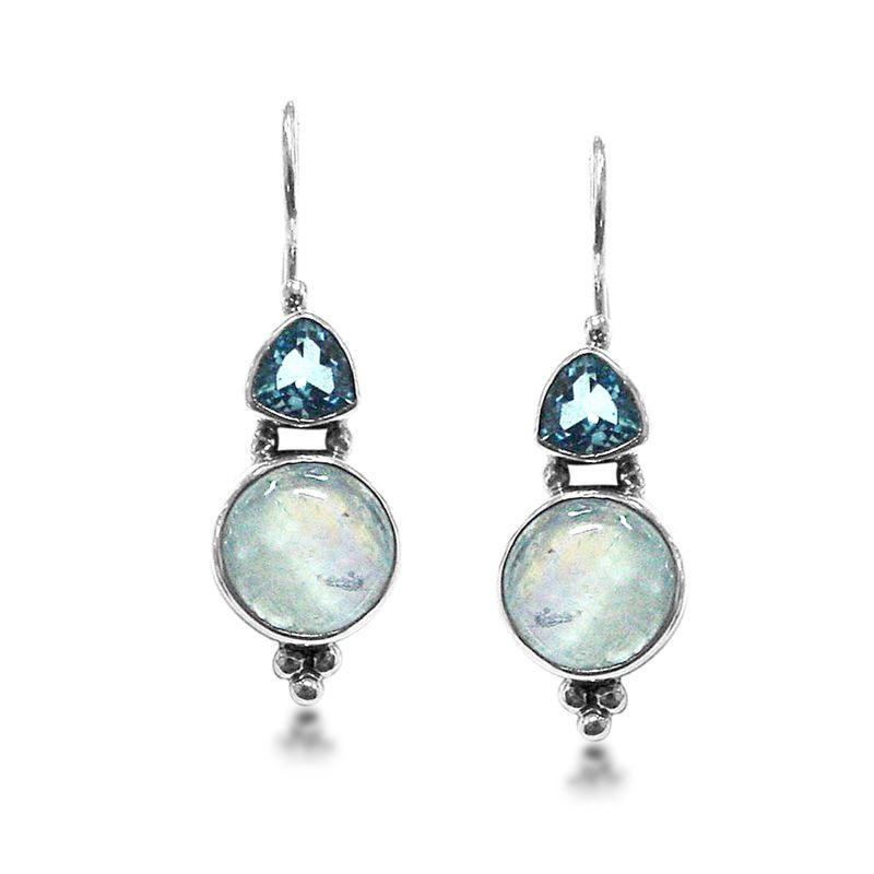 Sterling silver Blue Topaz Quartz and Rainbow Moonstone dual drop earrings, handcrafted wholesale jewelry from Bali