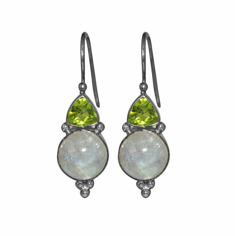 Sterling silver Peridot Quartz and Rainbow Moonstone dual drop earrings, handcrafted wholesale jewelry from Bali