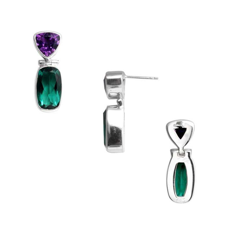 Sterling silver Green Quartz and Amethyst Quartz dual drop earrings, handcrafted wholesale jewelry from Bali