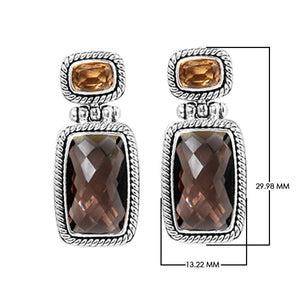 Sterling silver Citrine Quartz and Smoky Quartz dual drop rope-edged earrings, handcrafted wholesale jewelry from Bali