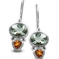 Sterling silver earring with Green Amethyst Quartz and Citrine Quartz dual drop design, handcrafted wholesale jewelry from Bali