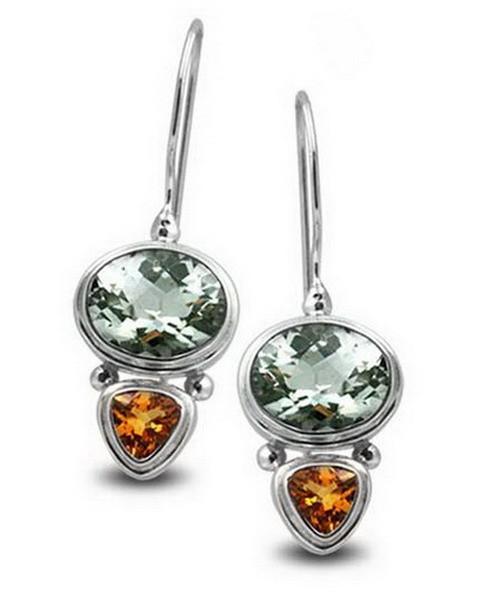 Sterling silver earring with Green Amethyst Quartz and Citrine Quartz dual drop design, handcrafted wholesale jewelry from Bali