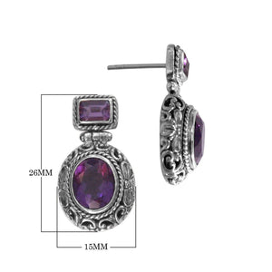 Sterling silver earring with Amethyst Quartz oval and rectangle engraved Bali design, handcrafted wholesale jewelry from Bali
