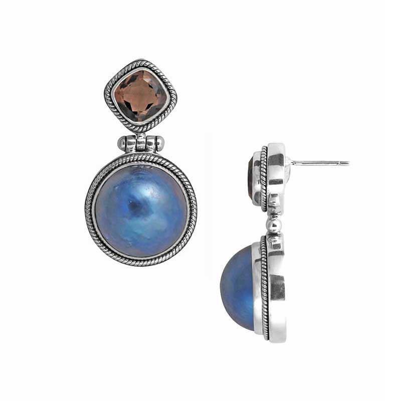 Sterling Silver Fresh Water Pearl and Smoky Quartz drop earrings handcrafted in Bali with oxidized rope-edge detailing.