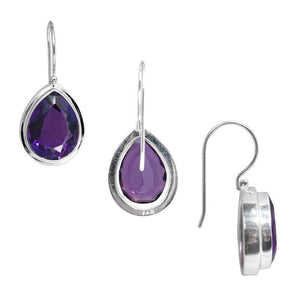 Sterling Silver pear-cut Amethyst Quartz hook earrings handcrafted in Bali with a smooth bezel setting and polished finish.