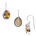 Sterling Silver pear-cut Citrine Quartz hook earrings handcrafted in Bali with a smooth bezel frame and polished finish.