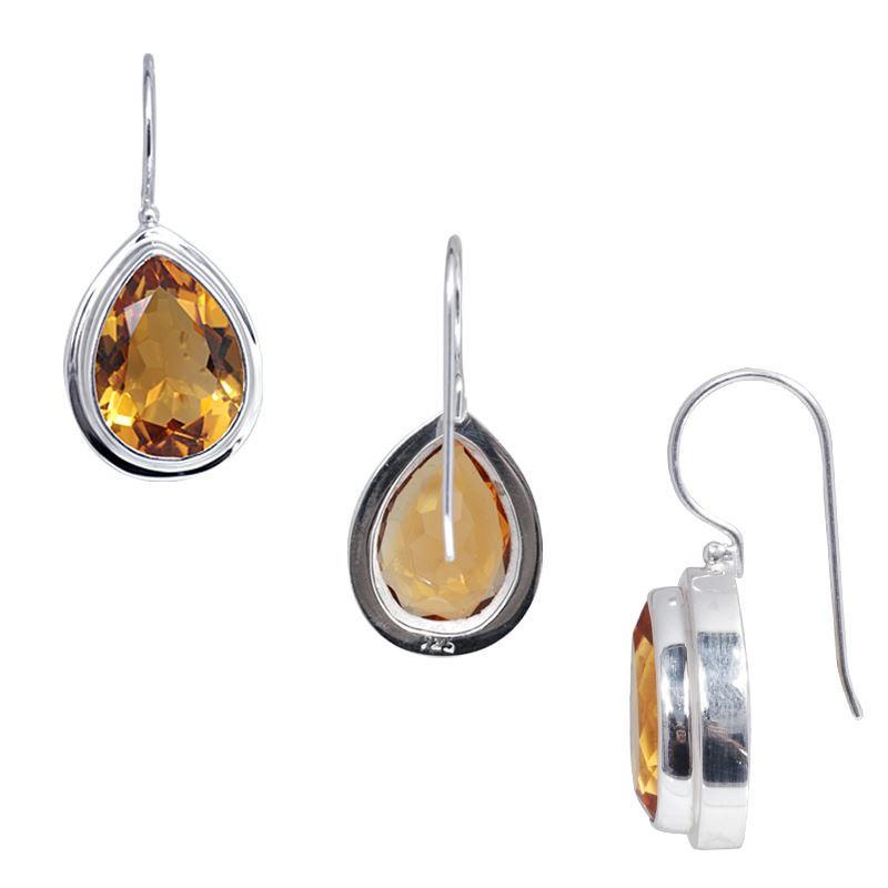 Sterling Silver pear-cut Citrine Quartz hook earrings handcrafted in Bali with a smooth bezel frame and polished finish.