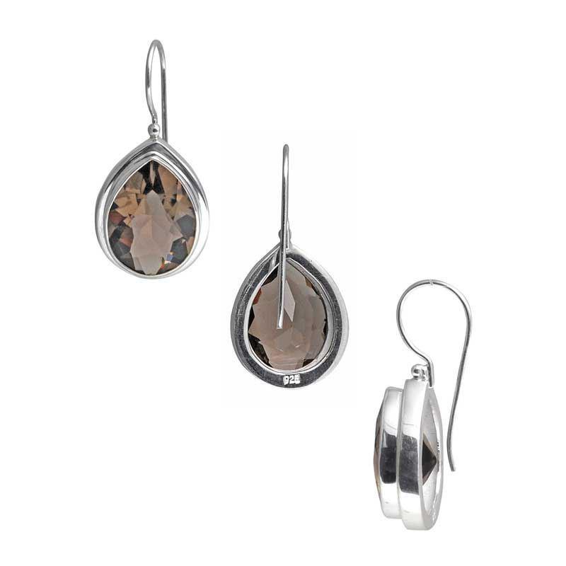Sterling Silver pear-cut Smoky Quartz hook earrings handcrafted in Bali with polished bezel frame and elegant finish.