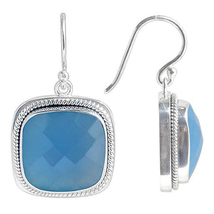 Sterling Silver cushion Blue Chalcedony Quartz hook earrings handcrafted in Bali with rope-edge detailing and polished finish.