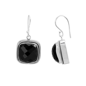Sterling Silver cushion Black Onyx hook earrings handcrafted in Bali with rope-edge detailing and polished finish.