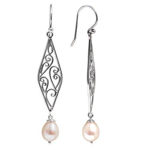 Sterling silver filigree drop earrings with teardrop freshwater pearls