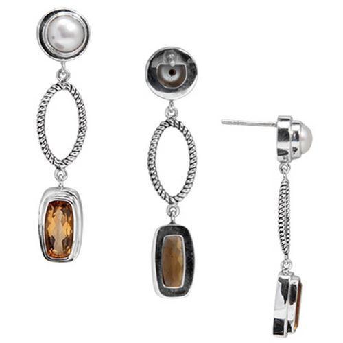 Sterling Silver Fresh Water Pearl and Citrine Quartz oval drop earrings handcrafted in Bali with rope-edge detailing and polished finish.