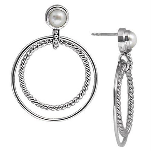 Sterling Silver Fresh Water Pearl double hoop earrings handcrafted in Bali with rope-edge detailing and polished finish.