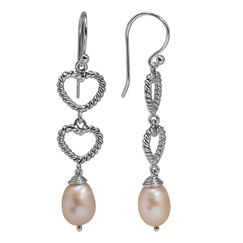 Sterling Silver Pink Fresh Water Pearl double heart drop earrings handcrafted in Bali with rope detailing and polished finish.
