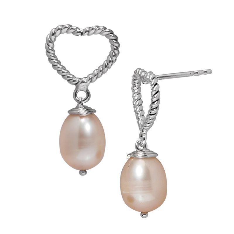 Sterling Silver Pink Pearl heart drop earrings handcrafted in Bali with rope texture and polished finish.