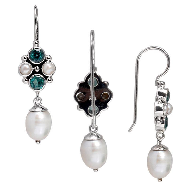 Sterling Silver Fresh Water Pearl and Green Quartz floral drop earrings handcrafted in Bali with polished silver finish.