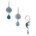 Sterling Silver Blue Chalcedony Quartz and Blue Topaz Quartz dual drop earrings handcrafted in Bali with polished bezel design.