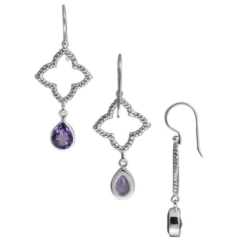 Sterling Silver Amethyst Quartz teardrop earrings with rope diamond frame handcrafted in Bali with polished finish.