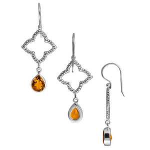 Sterling Silver Citrine Quartz teardrop earrings with rope diamond frame handcrafted in Bali with polished finish.