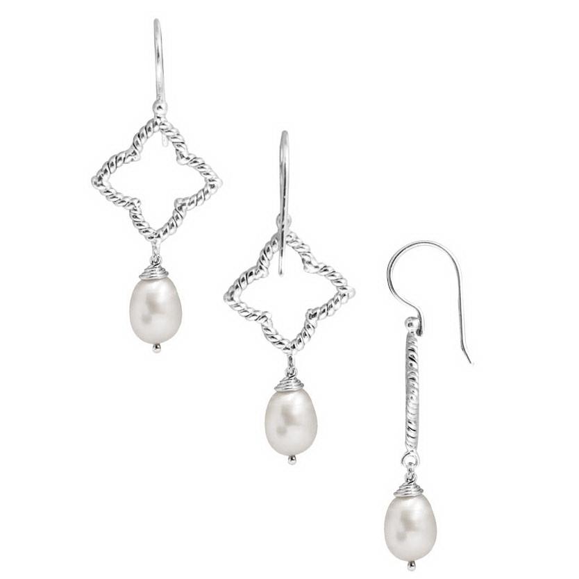 Sterling Silver Pearl drop earrings with rope diamond frame handcrafted in Bali with polished finish.