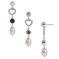 Sterling Silver Fresh Water Pearl and Smoky Quartz heart drop earrings handcrafted in Bali with rope texture and polished finish.