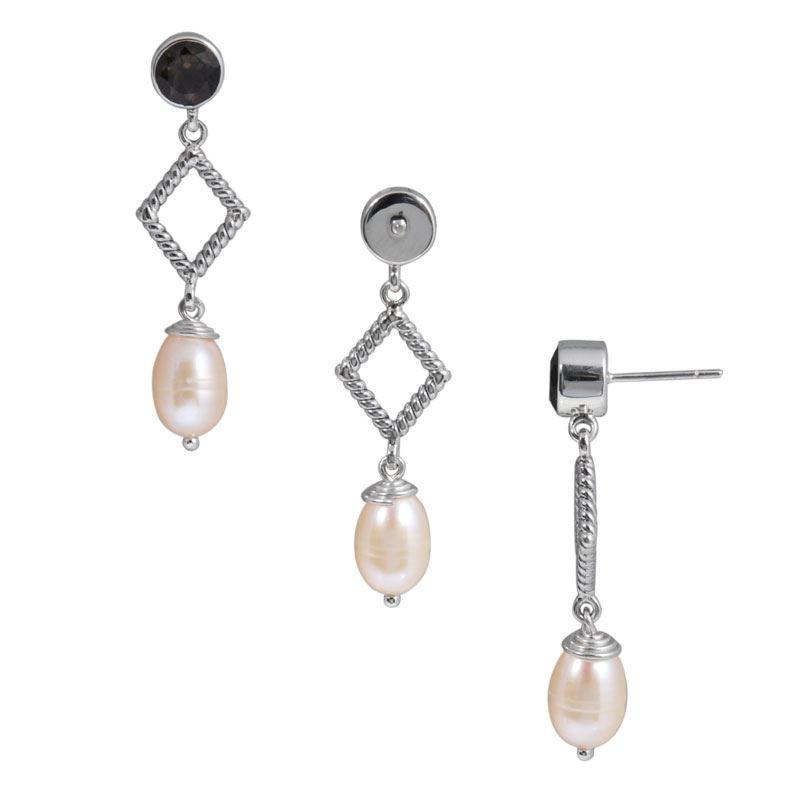 Sterling Silver Fresh Water Pearl diamond drop earrings handcrafted in Bali with rope texture and polished finish.