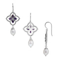 Sterling Silver Fresh Water Pearl and Amethyst Quartz floral drop earrings handcrafted in Bali with twisted rope frame and polished finish.