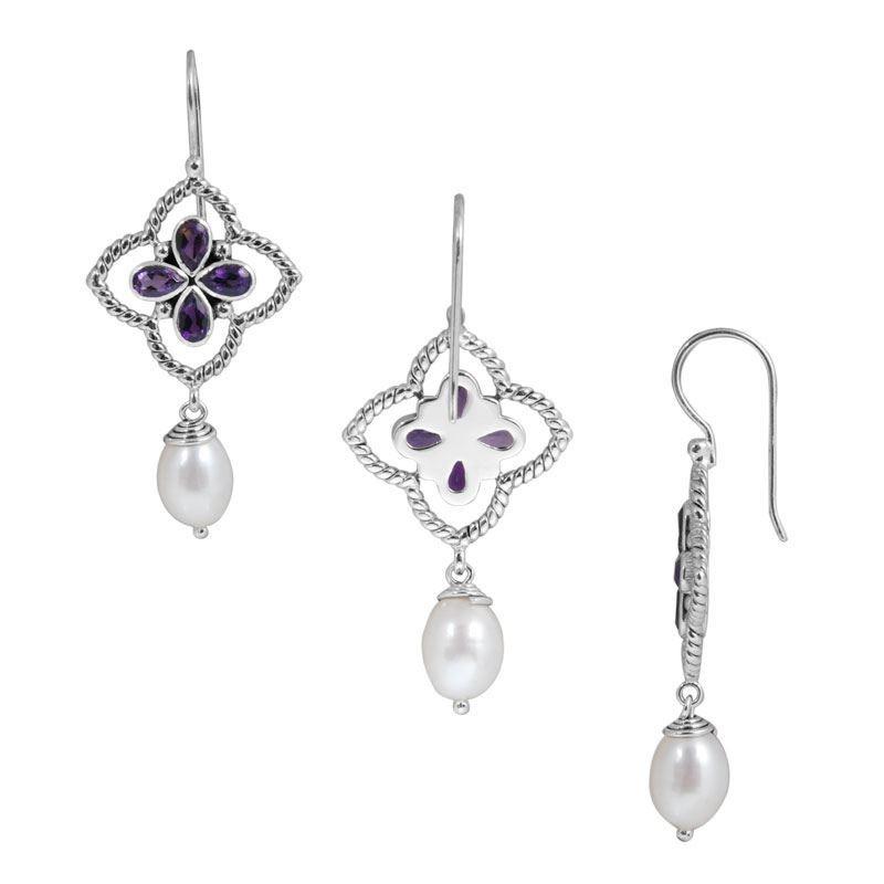 Sterling Silver Fresh Water Pearl and Amethyst Quartz floral drop earrings handcrafted in Bali with twisted rope frame and polished finish.