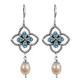 Sterling Silver Fresh Water Pearl and Blue Topaz Quartz floral drop earrings handcrafted in Bali with twisted rope frame and polished finish.