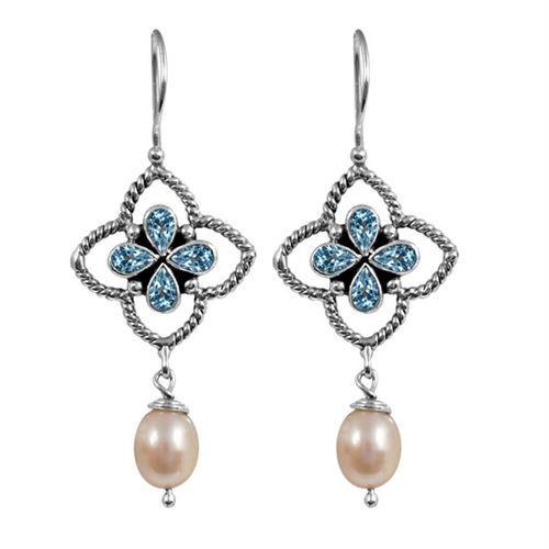 Sterling Silver Fresh Water Pearl and Blue Topaz Quartz floral drop earrings handcrafted in Bali with twisted rope frame and polished finish.