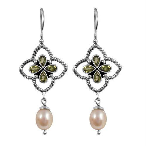 Sterling Silver Fresh Water Pearl and Peridot drop earrings handcrafted in Bali with twisted rope frame and polished finish.