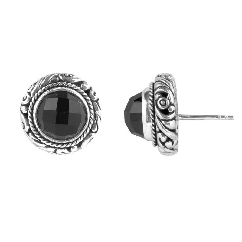 Sterling Silver Black Onyx round stud earrings handcrafted in Bali with intricate carvings and polished finish.