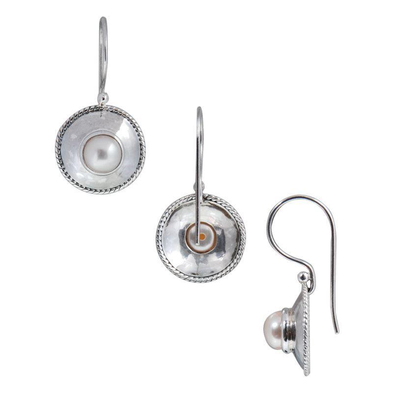 Sterling Silver Mother Of Pearl round dome earrings handcrafted in Bali with hammered finish and twisted rope border detailing.