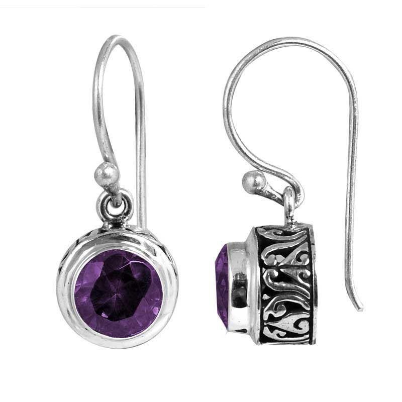 Sterling Silver Amethyst Quartz round drop earrings handcrafted in Bali with Balinese carvings and polished finish.