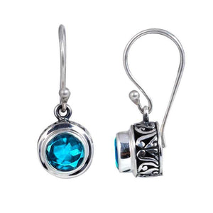 Sterling Silver Blue Topaz Quartz round earrings handcrafted in Bali with Balinese carvings and polished finish.