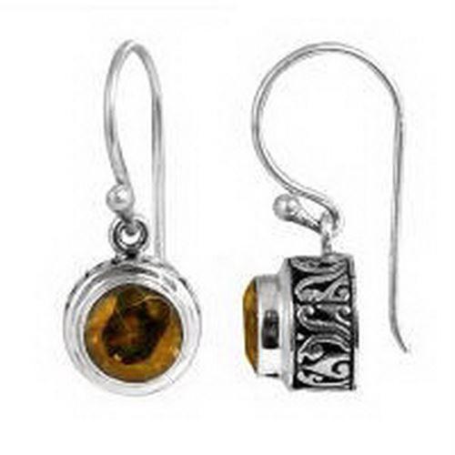 Sterling Silver Citrine Quartz round earrings with Balinese carvings handcrafted in Bali with polished and oxidized finish.