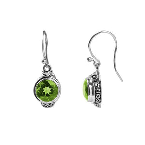 Sterling silver round-shaped Peridot Quartz earrings with ornamental detailing and earwire lock, designed for professional jewelry retailers and wholesale distributors.
