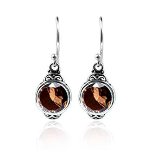 Sterling silver round-shaped Smokey Quartz earrings with elegant scroll detailing and earwire lock, designed for wholesale jewelry distributors and professional retailers.
