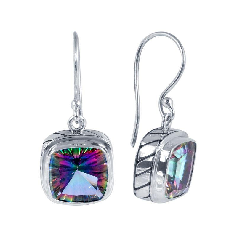 Sterling silver cushion-cut Mystic Quartz hook earrings with high-polish finish handcrafted in Bali