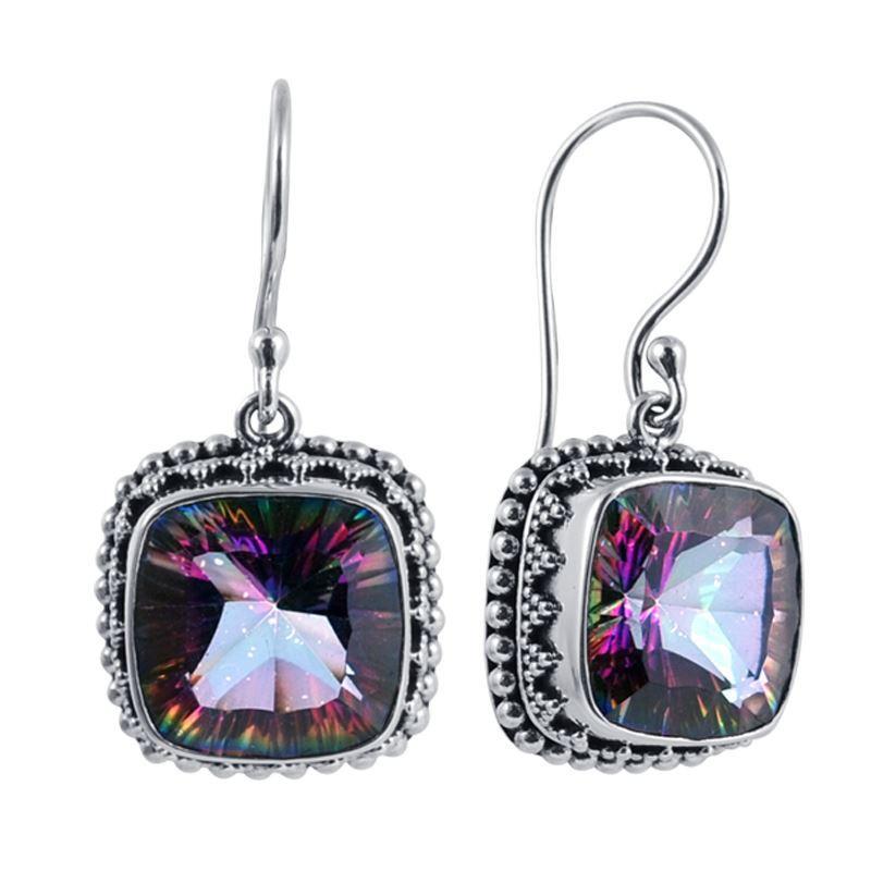 Sterling Silver Mystic Quartz cushion hook earrings with granulated bezel handcrafted in Bali