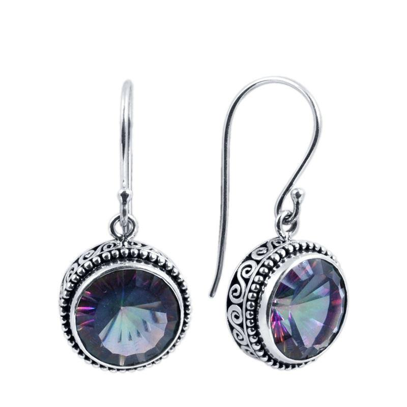 Sterling Silver Mystic Quartz round hook earrings with ornate Balinese frame handcrafted in Bali