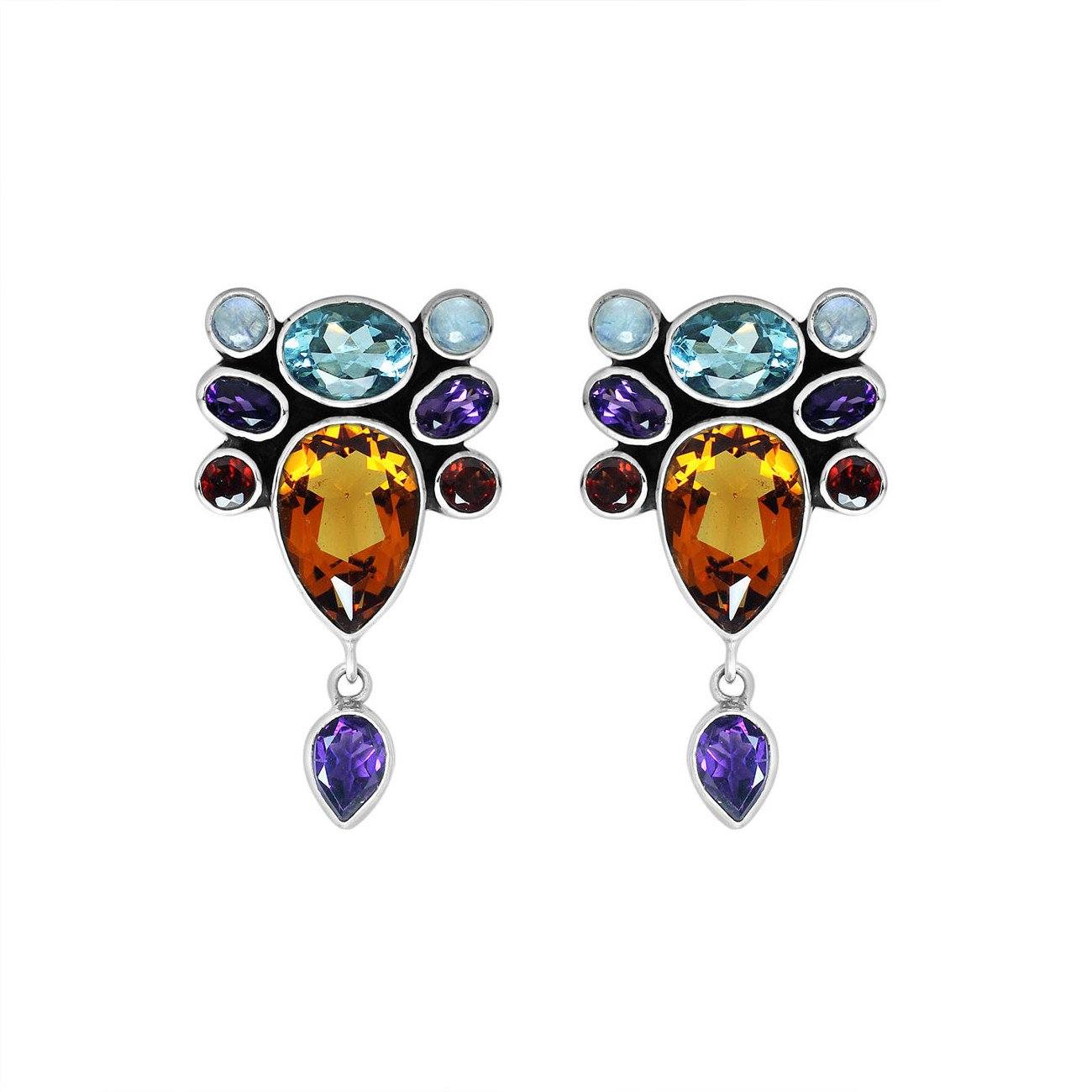 Sterling Silver Multi-Stone Cluster Drop Earrings With Blue Topaz, Amethyst, Citrine, Garnet, And Rainbow Moonstone Quartz For Wholesale Collections