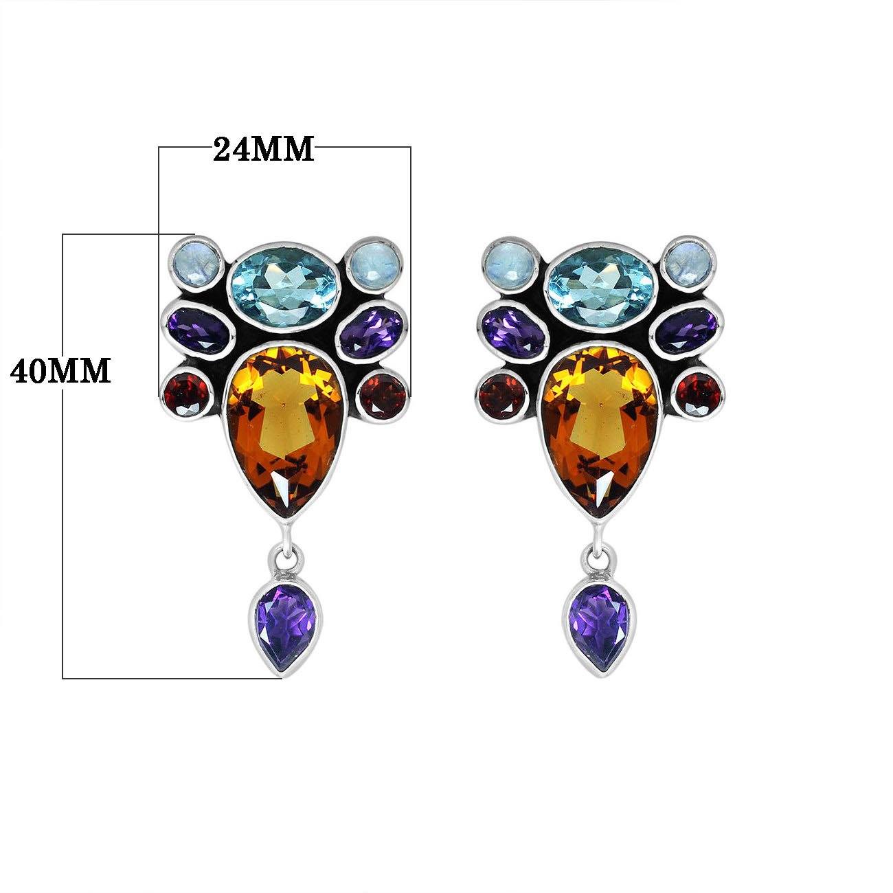 Sterling Silver Multi-Stone Cluster Drop Earrings With Blue Topaz, Amethyst, Citrine, Garnet, And Rainbow Moonstone Quartz For Wholesale Collections